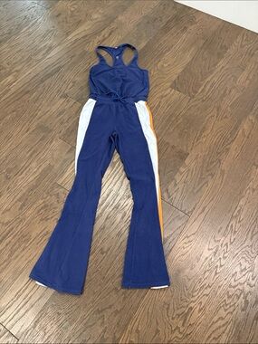Navy  Racerback Jumpsuit with White & Orange Side Stripes- free people movement